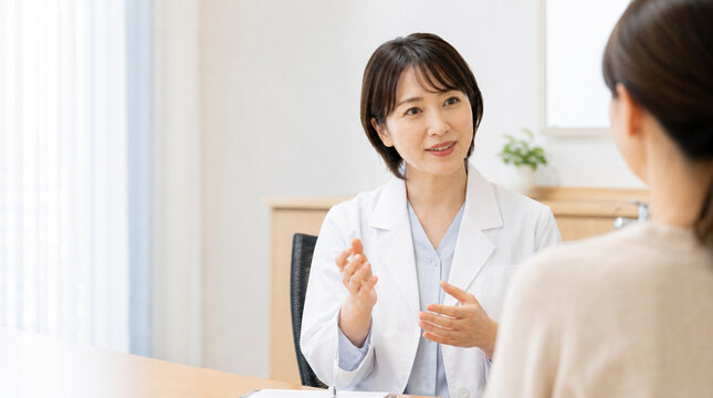 信頼感のある女性医師の医療イメージ
Confident Japanese female doctor in a bright modern healthcare facility