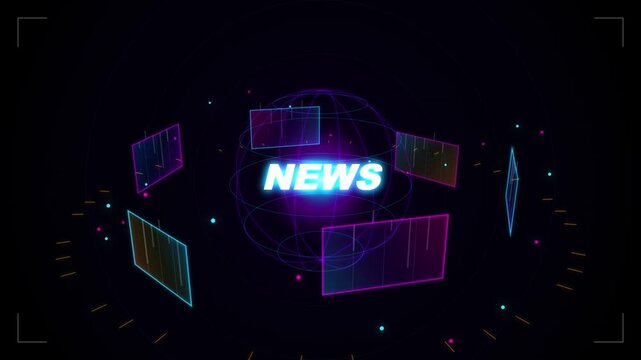Futuristic neon news globe animation with glowing text and abstract digital screens 