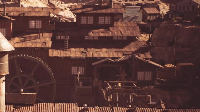 The scene shows a historic mining town set in a rocky landscape. Old wooden buildings are stacked closely together, with a large water wheel visible. It appears to be a sunny day.