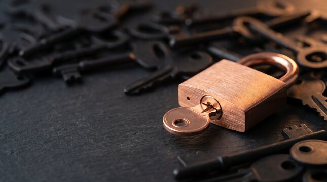 Copper padlock with key, surrounded by old keys on dark background