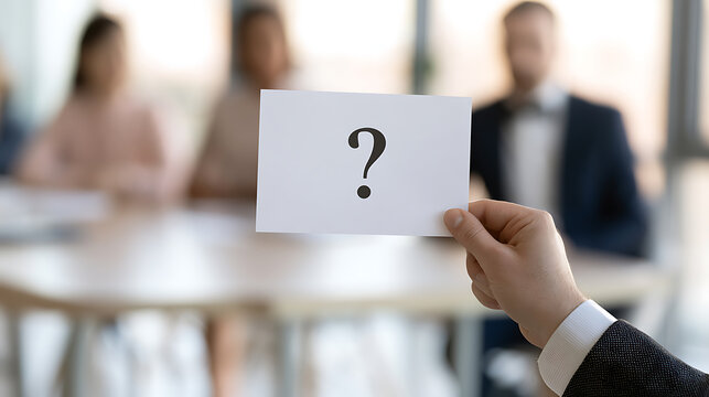 Close up of person hand hold paper sheet with question mark symbol during business meeting with corporate team in background office scene