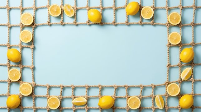 Lemon frame with citrus border and copy space background featuring a rustic nautical rope net for summer advertising and seafood restaurant menus