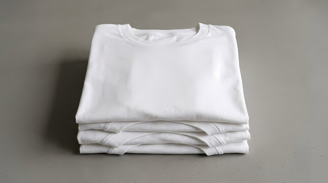 A neat stack of folded cotton shirts arranged precisely on a tabletop surface ready for retail display purposes showing basic apparel manufacturing quality and textile texture for clothing