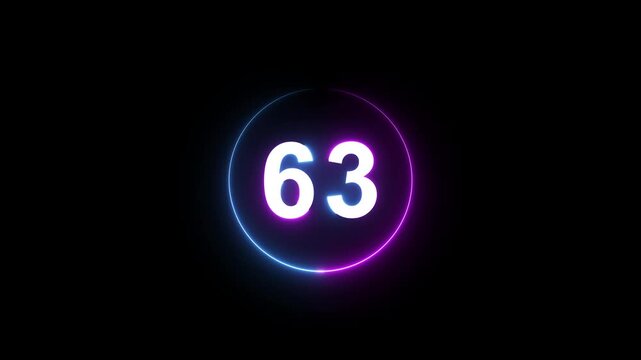 A dynamic circular animation, and glowing count neon number 63 animation . on a black background. and creating a stunning 4k video.