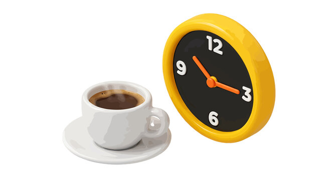 Coffee cup and yellow clock on a transparent background