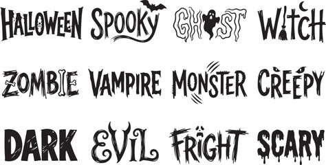 Obraz premium Halloween themed text labels featuring hand-drawn style lettering with words like halloween, spooky, ghost, witch, zombie, vampire, and monster