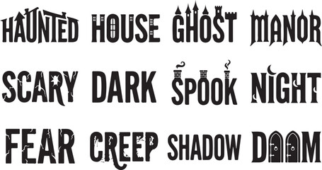 Fototapeta premium Halloween themed text labels featuring architectural with words like haunted house, ghost, manor, scary, dark, spook, night, fear, and shadow