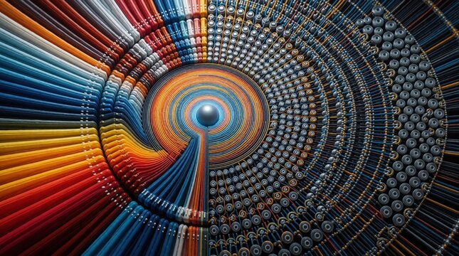 Abstract colorful circular pattern with geometric lines, dots. Vibrant rainbow rays spiral around central blue orb. Complex digital data visualization futuristic tech art background. Symmetrical fine