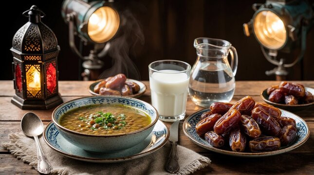 Warm lentil soup, sweet dates served for Ramadan iftar meal. Traditional food with steaming bowl, milk glass, water pitcher, lantern on wooden table. Muslim family celebrates holy month with healthy