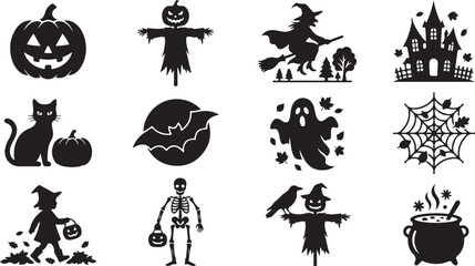 Fototapeta premium Set of halloween themed silhouette featuring pumpkins, witches, ghosts, haunted houses, skeletons, and spooky holiday decorations
