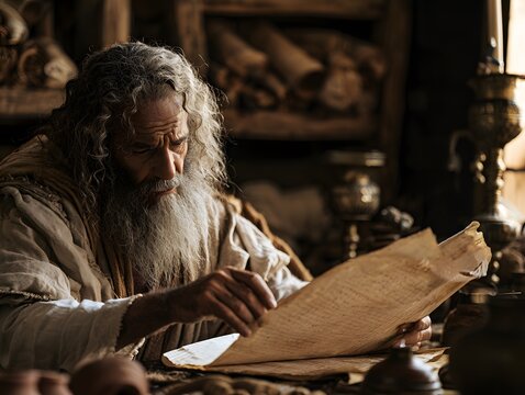 Elderly scholar with long grey beard reading an ancient parchment scroll in a dimly lit historical study