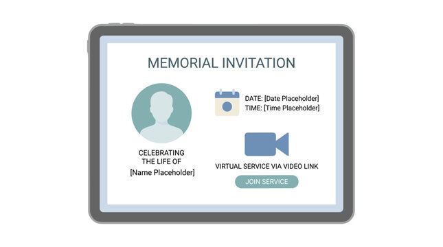 Virtual memorial invitation displayed on a digital tablet for an online funeral service and celebration of life ceremony