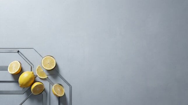 Minimalist grey concrete lemon frame with architectural engraved citrus border and copy space background for luxury skincare advertising and wellness campaigns