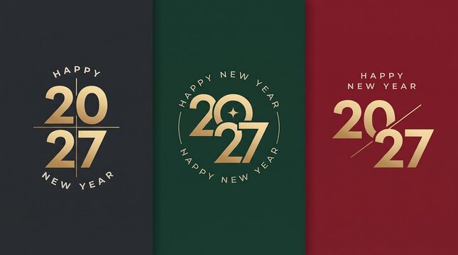 Set of three elegant gold 2027 happy new year modern logo typography designs
