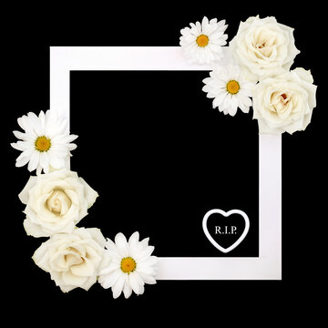 Rest in peace rose and daisy flower memorial tribute card background border on black with white frame. In sympathy concept with love heart R.I.P. text.