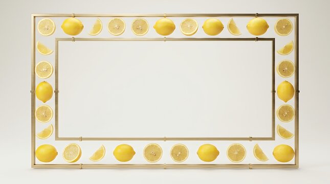 Polished Brass Rails Lemon Frame with Sculptural Citrus Border and Copy Space Background for Luxury Hospitality Advertising and Retail Banner Design