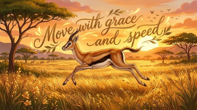 Graceful Gazelle Leaping Across African Savannah at Sunset with Inspirational Quote
