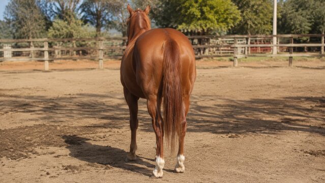Back view of a chestnut horse with a long flowing brown tail standing in a sandy corral with white ankle markings and wooden fence posts and green trees in the background