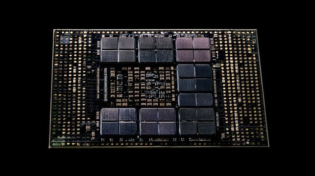 Close up of a multi die chiplet package with metallic grid and precise circuitry on a dark background