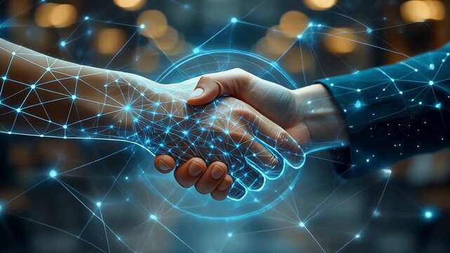 Business handshake with digital network overlay during a partnership agreement in a modern office setting