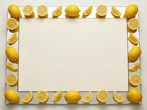 Reflective Mirrored Glass Lemon Frame with Citrus Border and Copy Space Background for Beverage Promotion and Upscale Spa Campaign