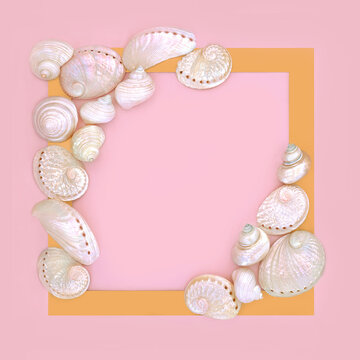 Mother of pearl seashell background on pink, gold square frame. Abalone, troca and turbo shells symbol of the seaside. Greeting card.