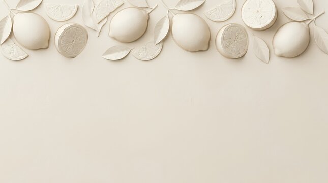 Sculptural Cream Plaster Lemon Frame with Detailed Citrus Border and Copy Space Background for Luxury Spa Promotion and Wellness Campaign