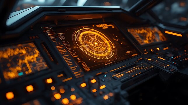Futuristic Spaceship Cockpit Control Panel with Glowing Amber Radar Screen, Digital Telemetry Dashboard and Sci-Fi Interface Design