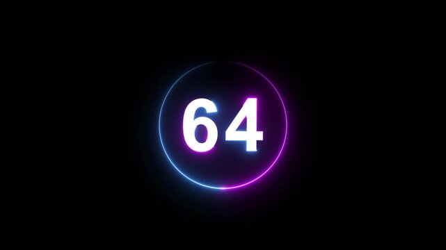 A dynamic circular animation, and glowing count neon number 64 animation . on a black background. and creating a stunning 4k video.