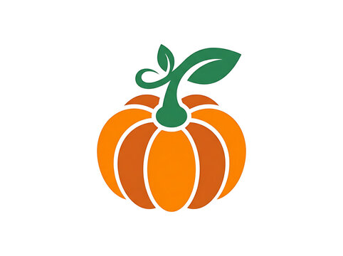 Stylized pumpkin logo with orange segments and green vine leaf for autumn harvest festivals or farm produce branding projects on white background.