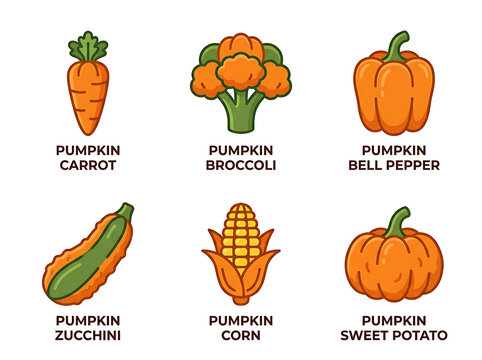 Pumpkin hybrid vegetable icons showing carrot broccoli bell pepper zucchini corn and sweet potato reimagined with pumpkin textures and orange colors.