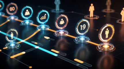 Fototapeta premium Digital interface shows holographic roadmap with people icons and progress bars. Futuristic business strategy visualization for planning growth and tracking milestones across a timeline.