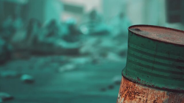 Barrels are stacked in a deserted industrial space. The ground is covered with debris. The time is late in the day with dim light. The area shows signs of neglect and wear.