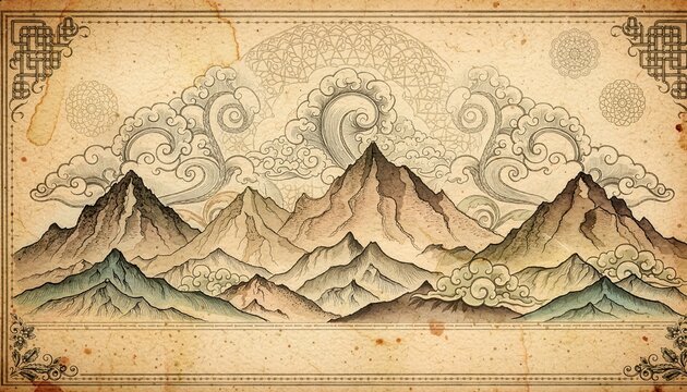 Vintage Himalayan clouds and mountain ornament background