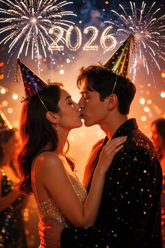 Couple shares New Years kiss at midnight fireworks celebration. Young man and woman in party hats embrace, welcoming year 2026 with joy and love.