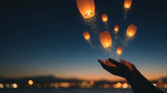 Hands releasing glowing paper lanterns into the night sky over a blurred city landscape at dusk