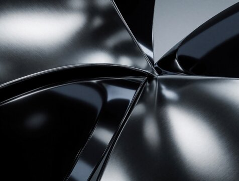 Abstract metallic curves create sleek futuristic backdrop. Brushed steel and polished chrome surfaces form complex shapes with sharp lines and smooth reflections for modern tech designs.
