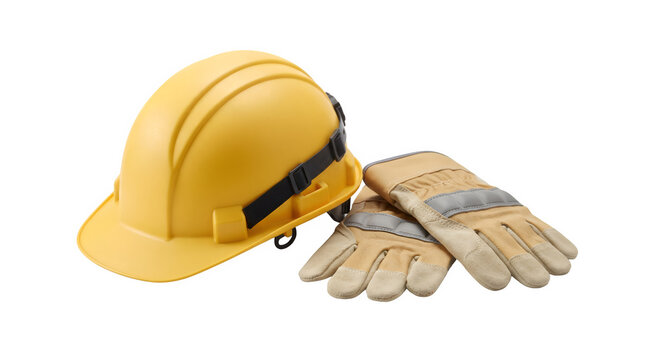 Yellow hard hat and leather work gloves on white background. Construction safety equipment and personal protective gear. Industrial manual labor concept.