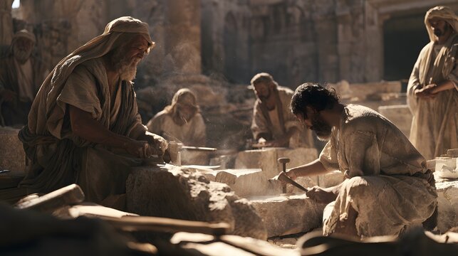 Ancient stonemasons working on large stone blocks in a dusty, sunlit construction site with traditional tools