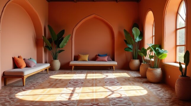 Estudio de yoga contempor&aacute;neo con paredes de terracota, baldosas hidr&aacute;ulicas estampadas y hornacinas arqueadas