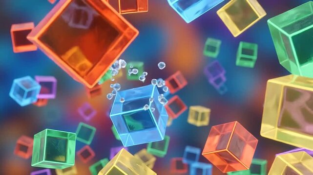 Abstract 3D animation of colorful floating glass cubes in motion