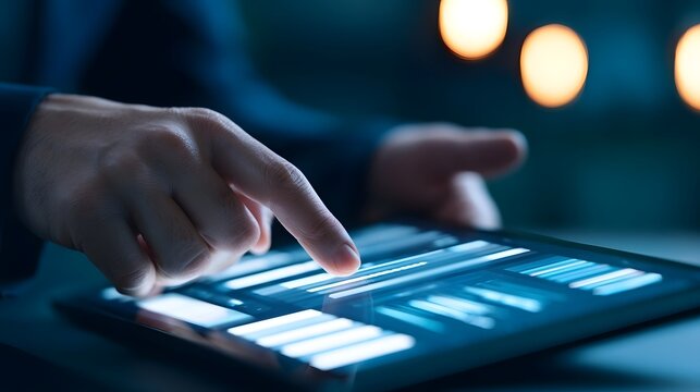 A person interacts with a glowing digital tablet displaying abstract data bars in a dimly lit environment with warm bokeh lights in the background