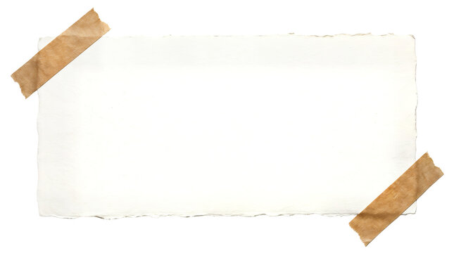 Vintage torn paper scrap with adhesive tape, blank white parchment note, textured paper fragment for scrapbooking and design