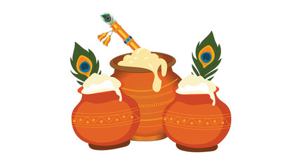 Traditional Krishna Janmashtami festive design featuring decorative mango leaf toran, hanging ornaments, colorful matki pots and peacock feathers, ideal for Hindu festival greetings © Vijay Pareek