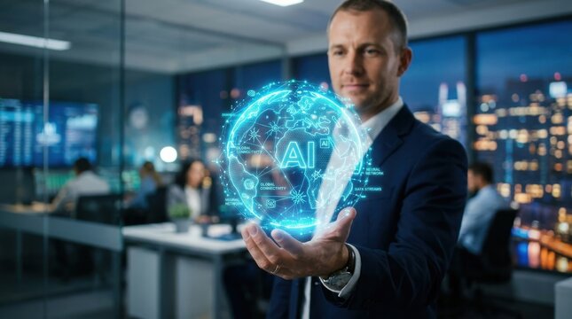 Artificial Intelligence Global Connectivity: Businessman hand presenting an artificial intelligence globe symbol with luminous data connections 