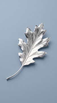 A silver oak leaf, intricately detailed, rests on a muted blue background, symbolizing nature, autumn, and elegance.