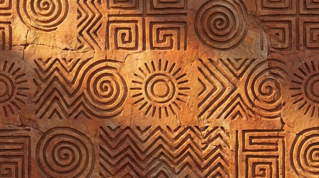 Relief Carved Tribal Pattern Wall Texture on Warm Sandstone Surface