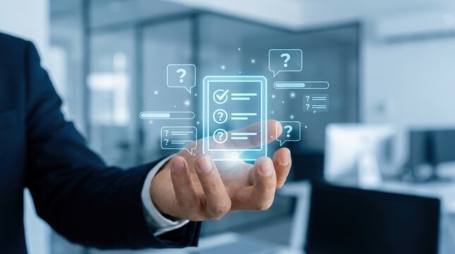 Online Assessment Virtual Test: Businessman hand holding a glowing online examination icon with digital question elements 