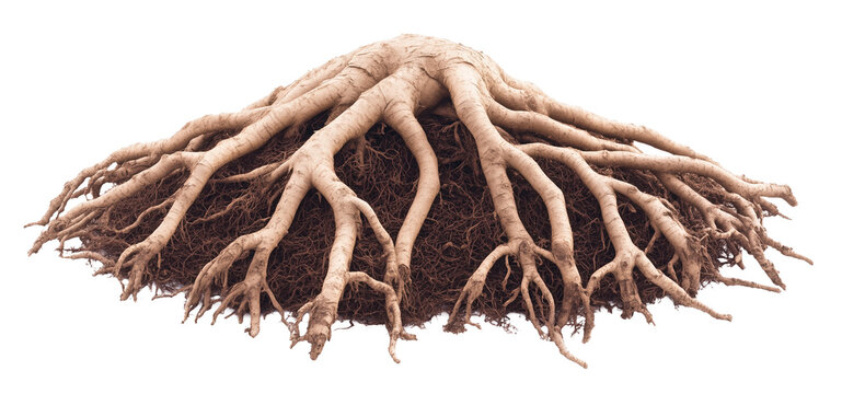 Tree roots resting on a mound of brown soil on a transparent background.
