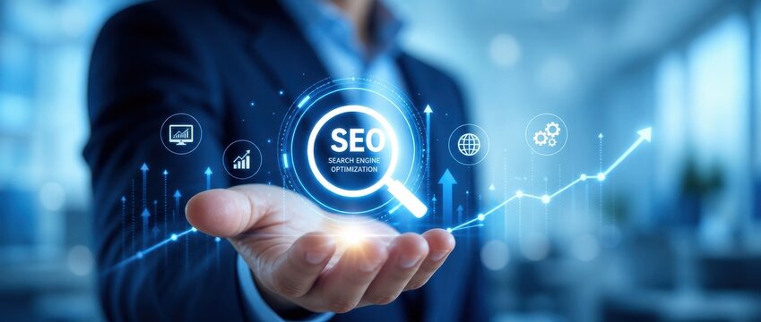 SEO Search Engine Optimization: Businessman hand holding a glowing search ranking icon with upward digital indicators 